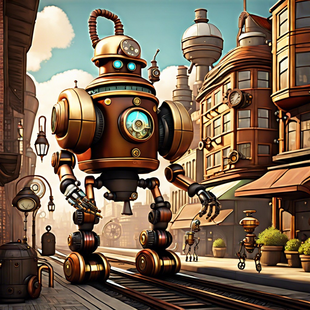 steampunk city with cartoon robots