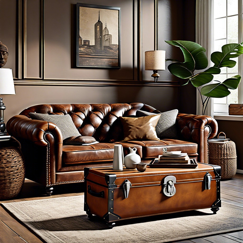 style with vintage leather trunks as coffee tables