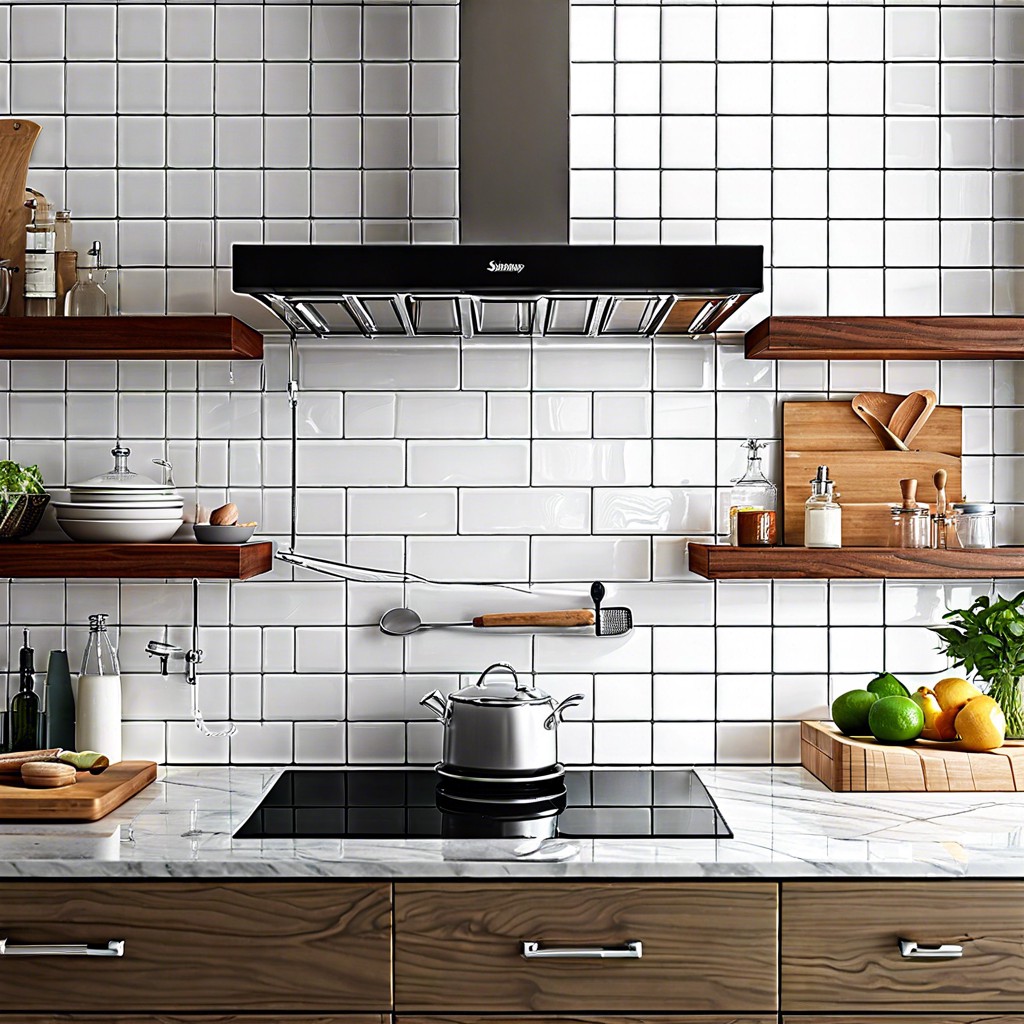 subway tile backsplash extending into a cohesive shelf or niche for practicality and style