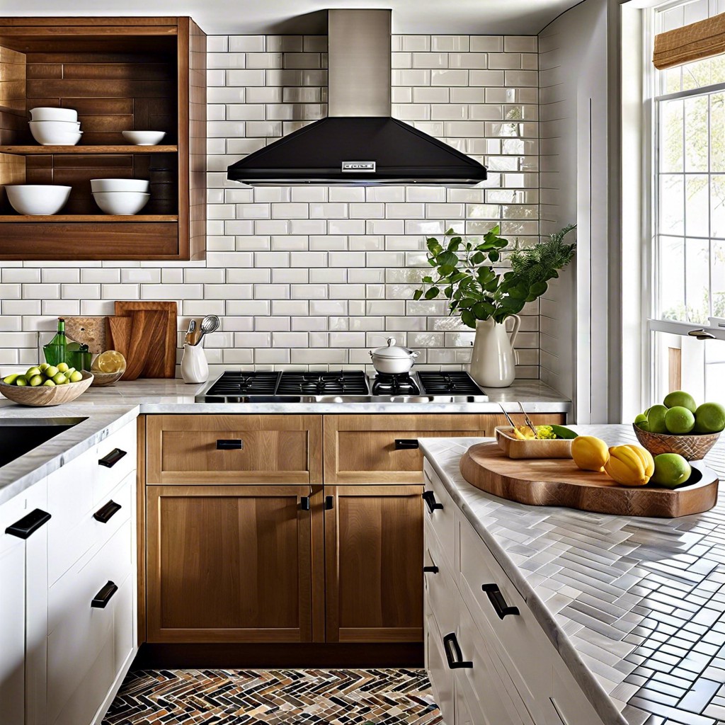 subway tiles laid in a herringbone pattern