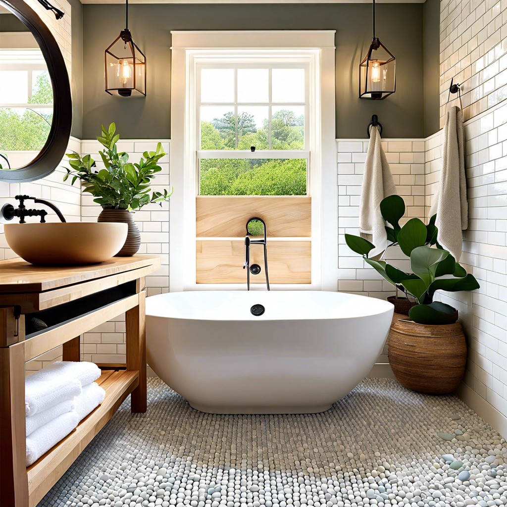 subway tiles with pebble floor for a spa feel