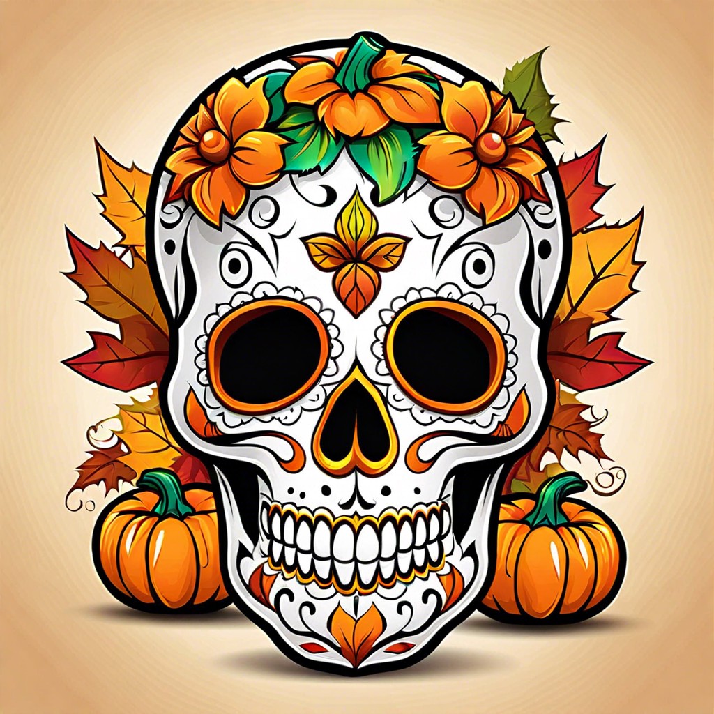 sugar skull bright colors with floral and heart shaped eye sockets highlighting day of the dead