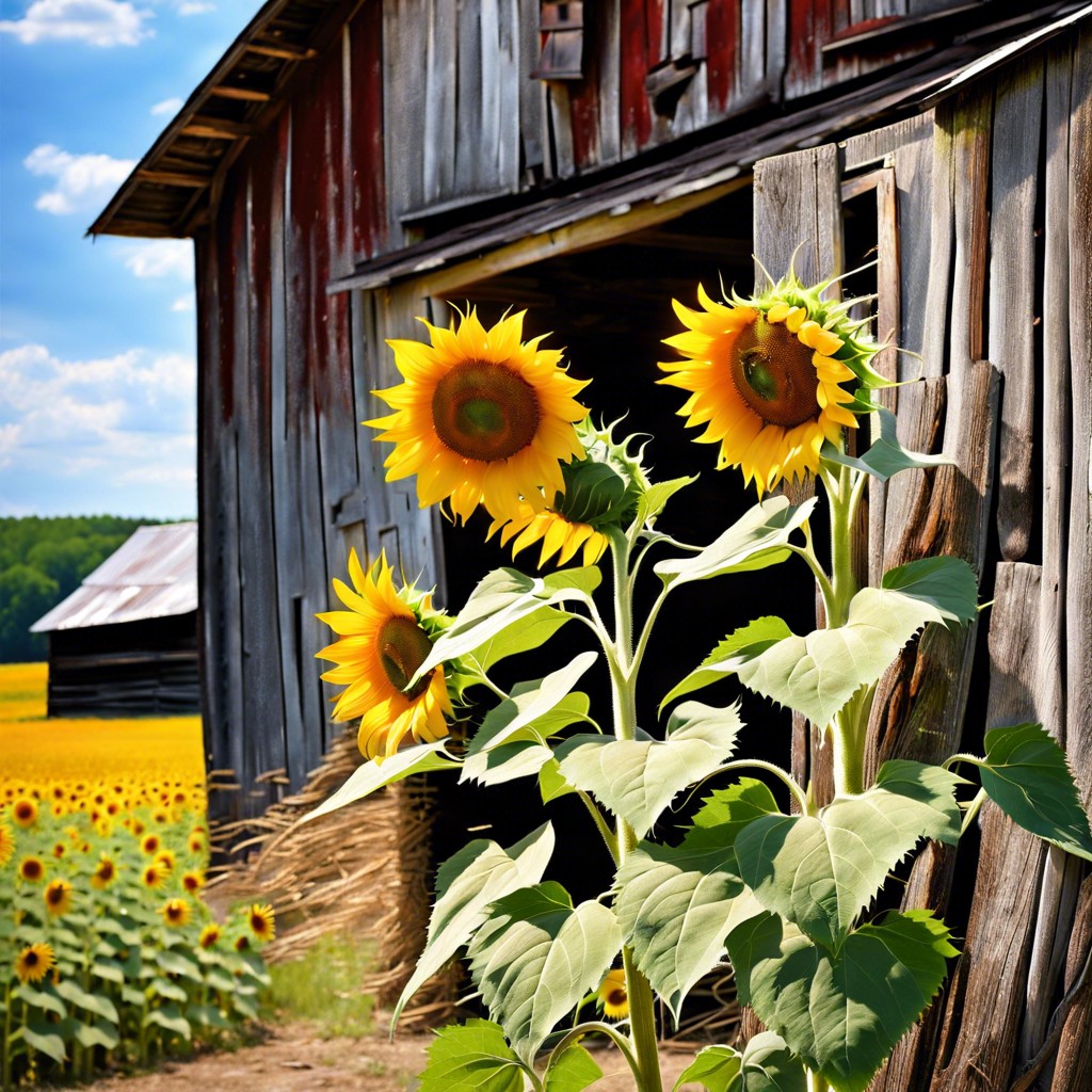 sunflower and old barn combine rustic charm with sunflowers leaning against an old barn