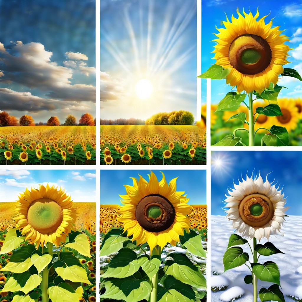 sunflower seasons a four panel painting showing sunflowers in spring summer fall and winter