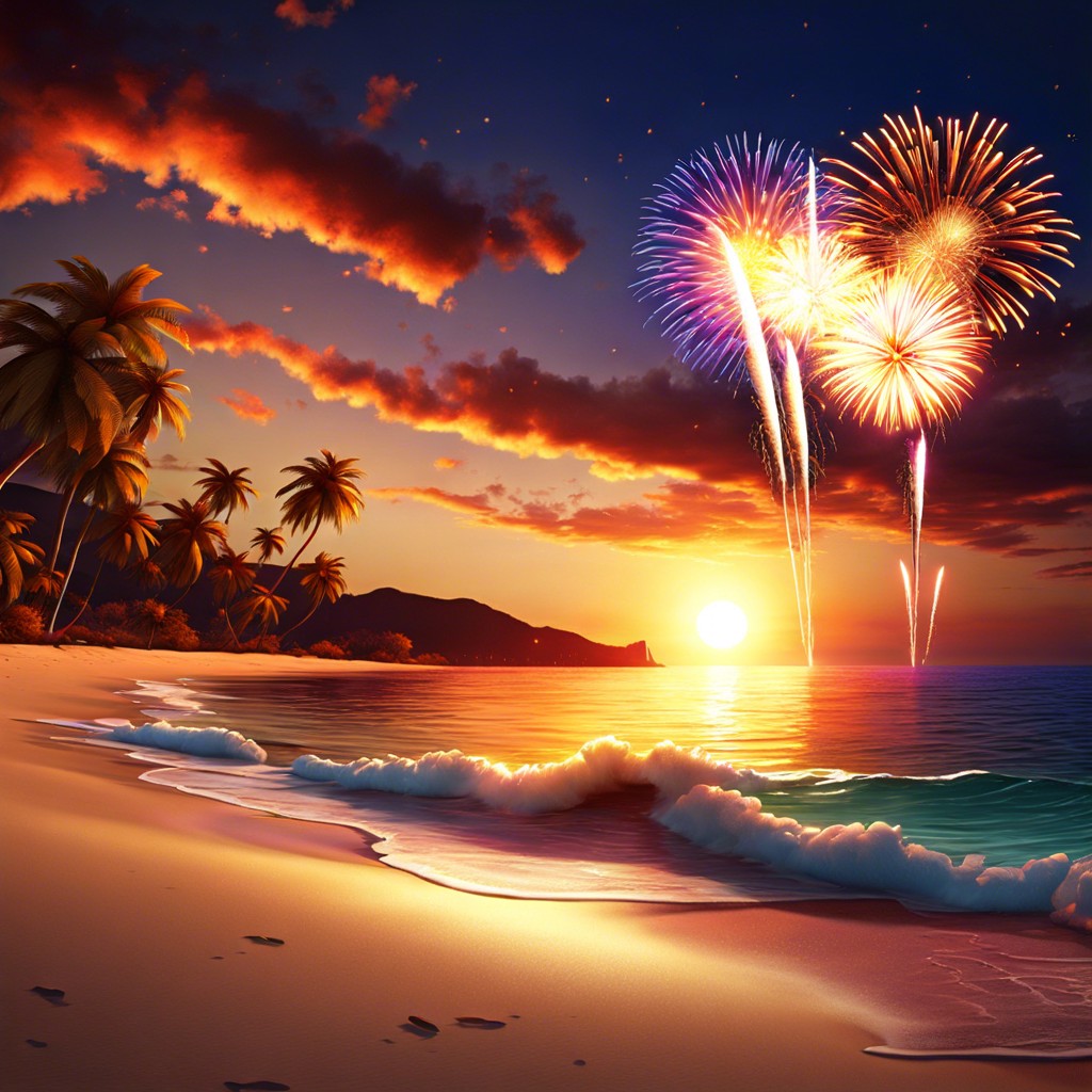 sunset beach scene with fireworks in the sky