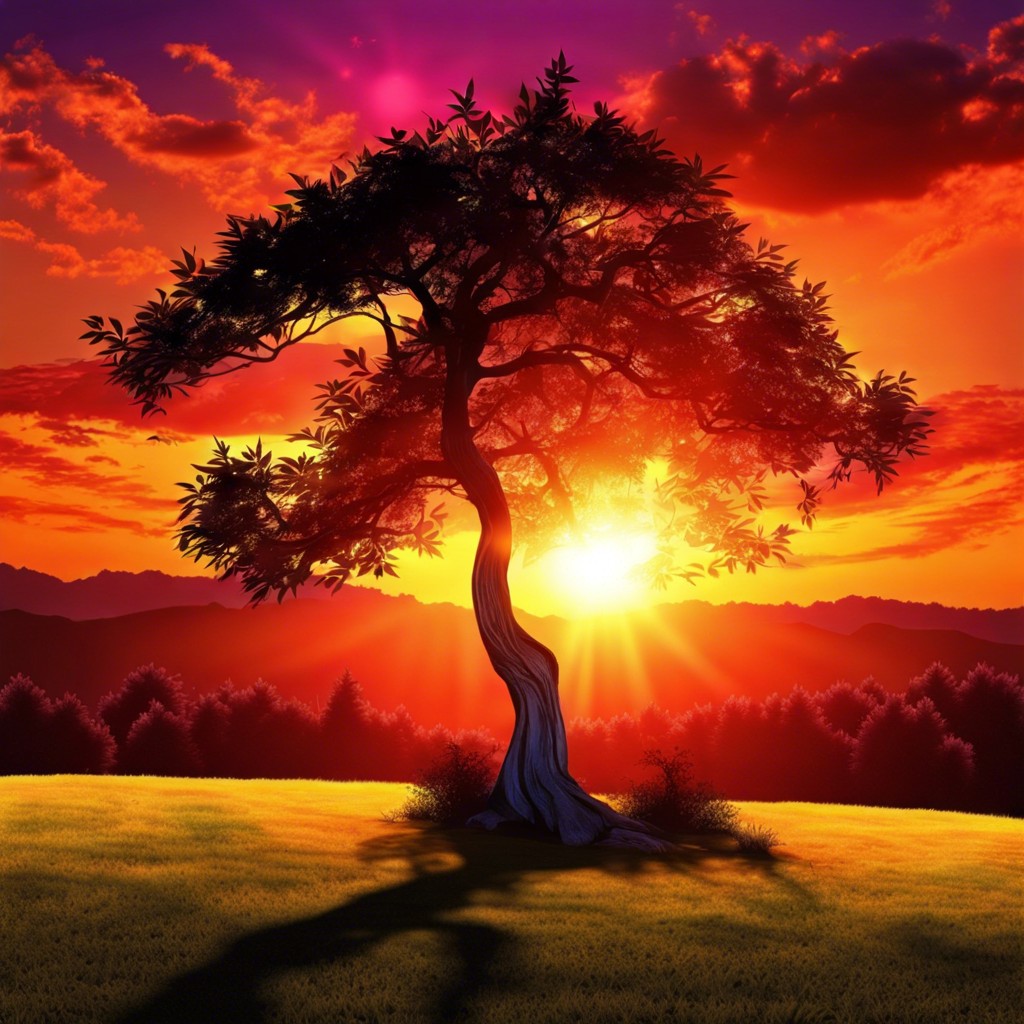 sunset glow backlit tree with vivid sunset colors