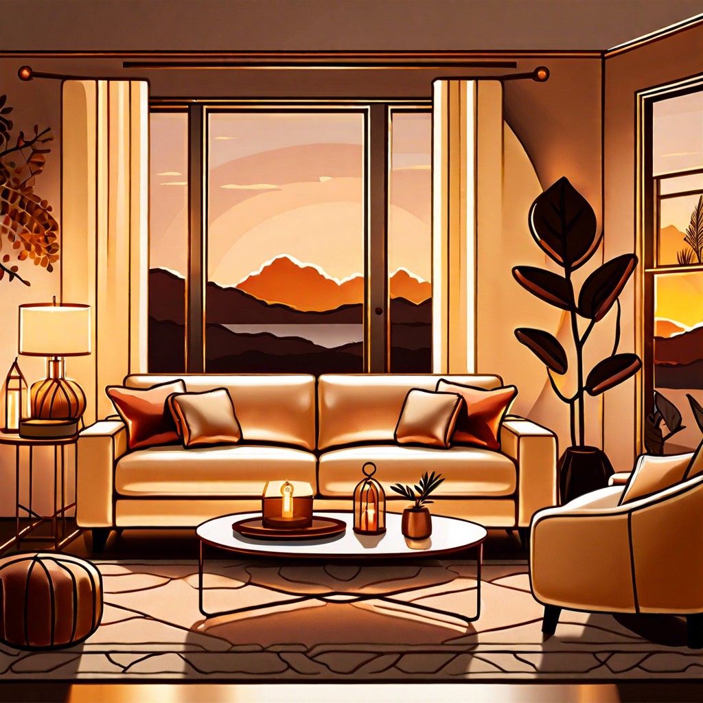 sunset glow soft lighting warm gold and copper accents and cozy throws