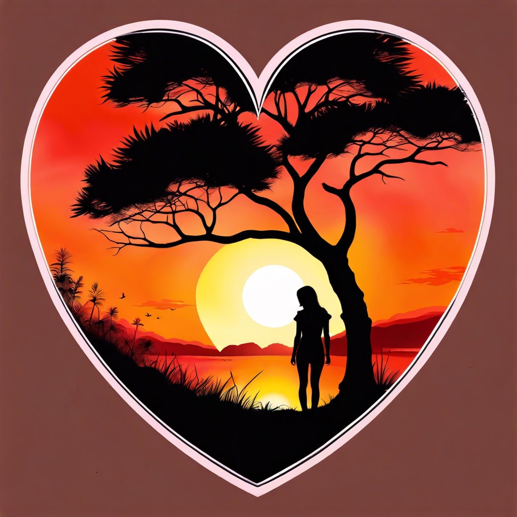 sunset silhouette inside heart outline