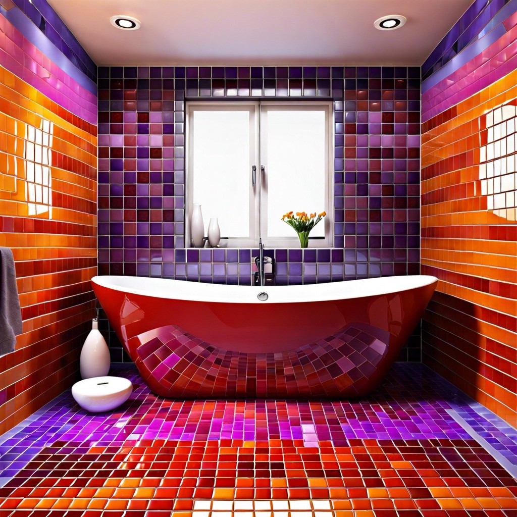 sunset silhouette mimic a sunset using gradations of red orange and purple tiles behind the bathtub