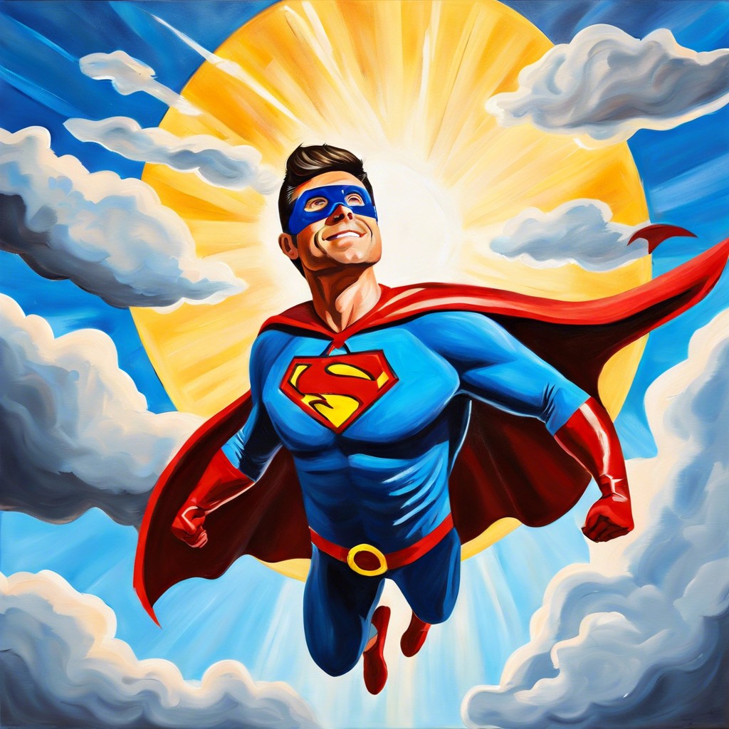 superhero dad acrylic painting of dad as a superhero flying in the sky