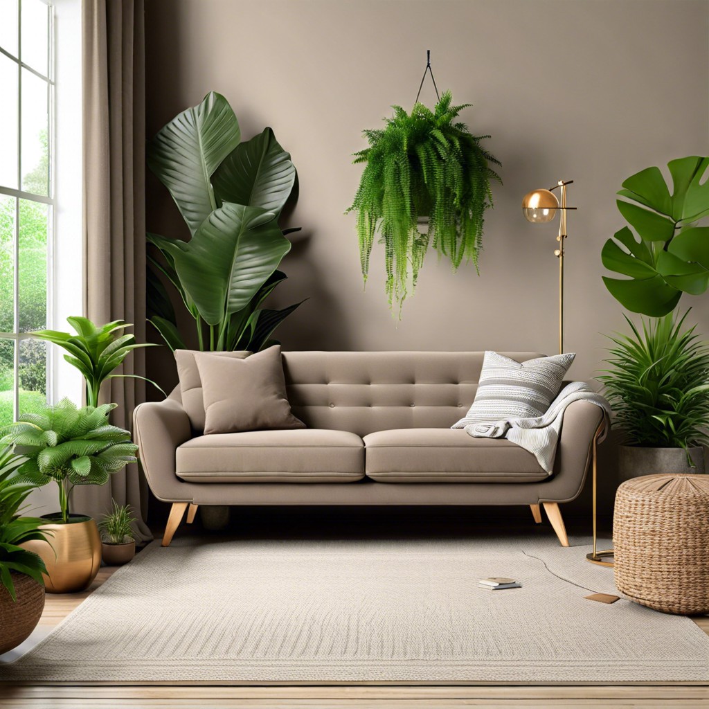 surround the couch with lush green plants to create an indoor oasis