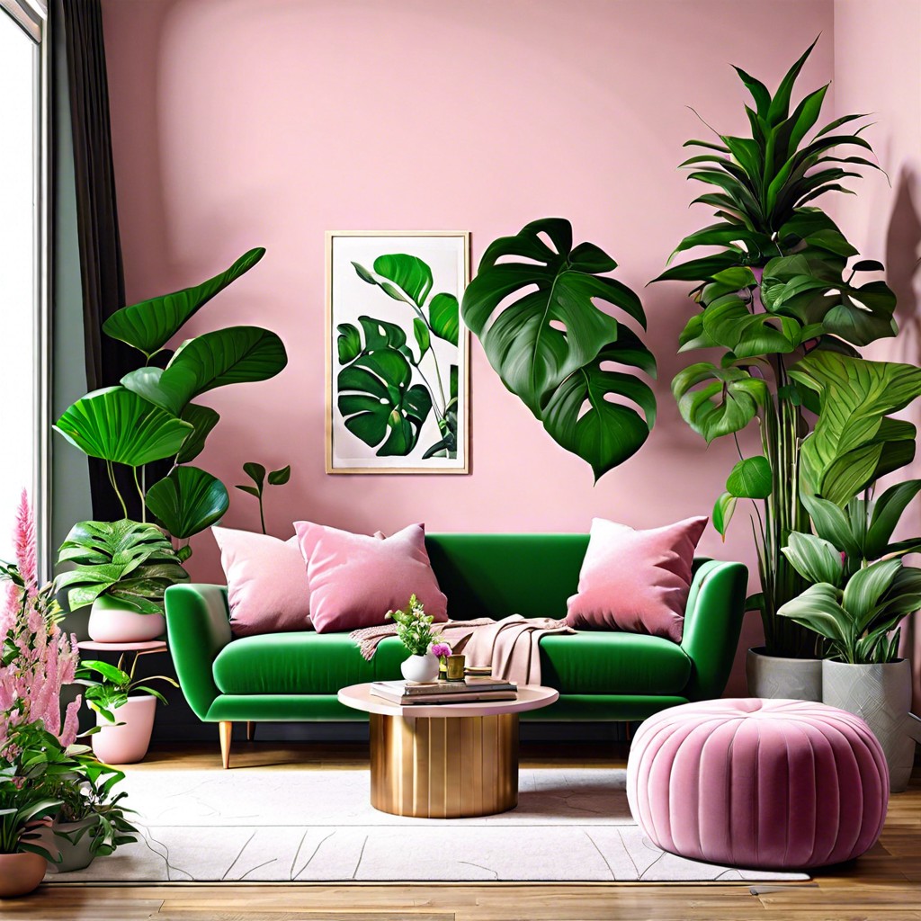 surround the pink sofa with lots of green plants for a vibrant natural feel