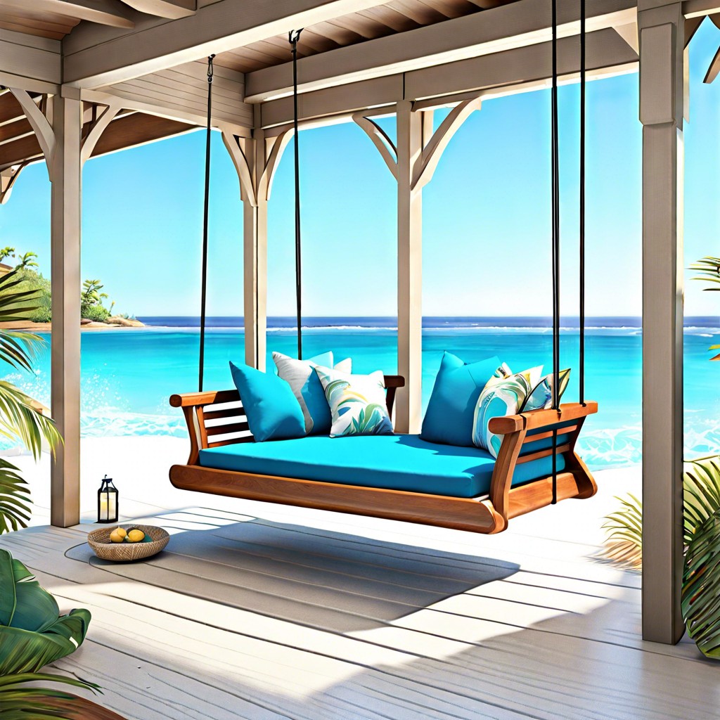 swinging daybed with ocean blue pillows