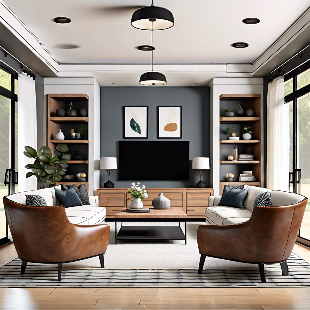 symmetry setup sofa facing tv two chairs flanking a coffee table