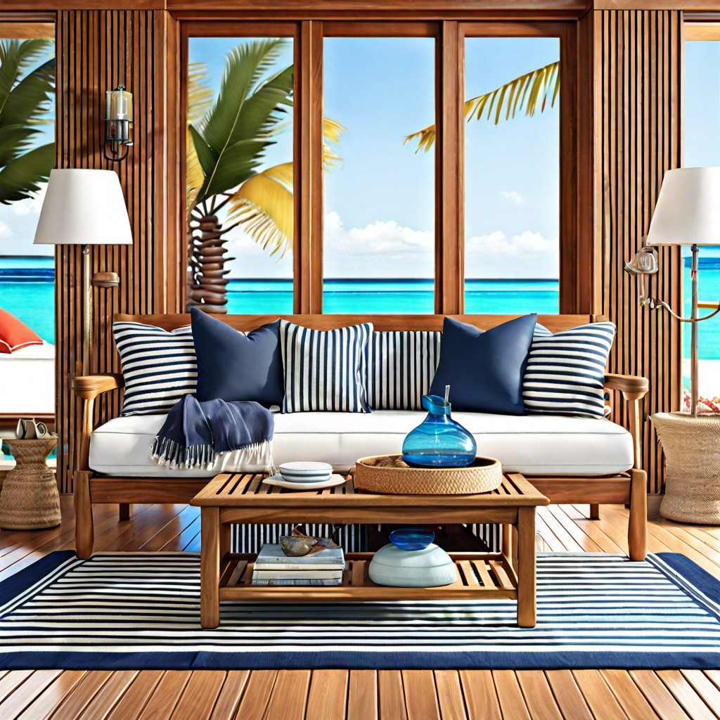 teak wood sofa with nautical stripes
