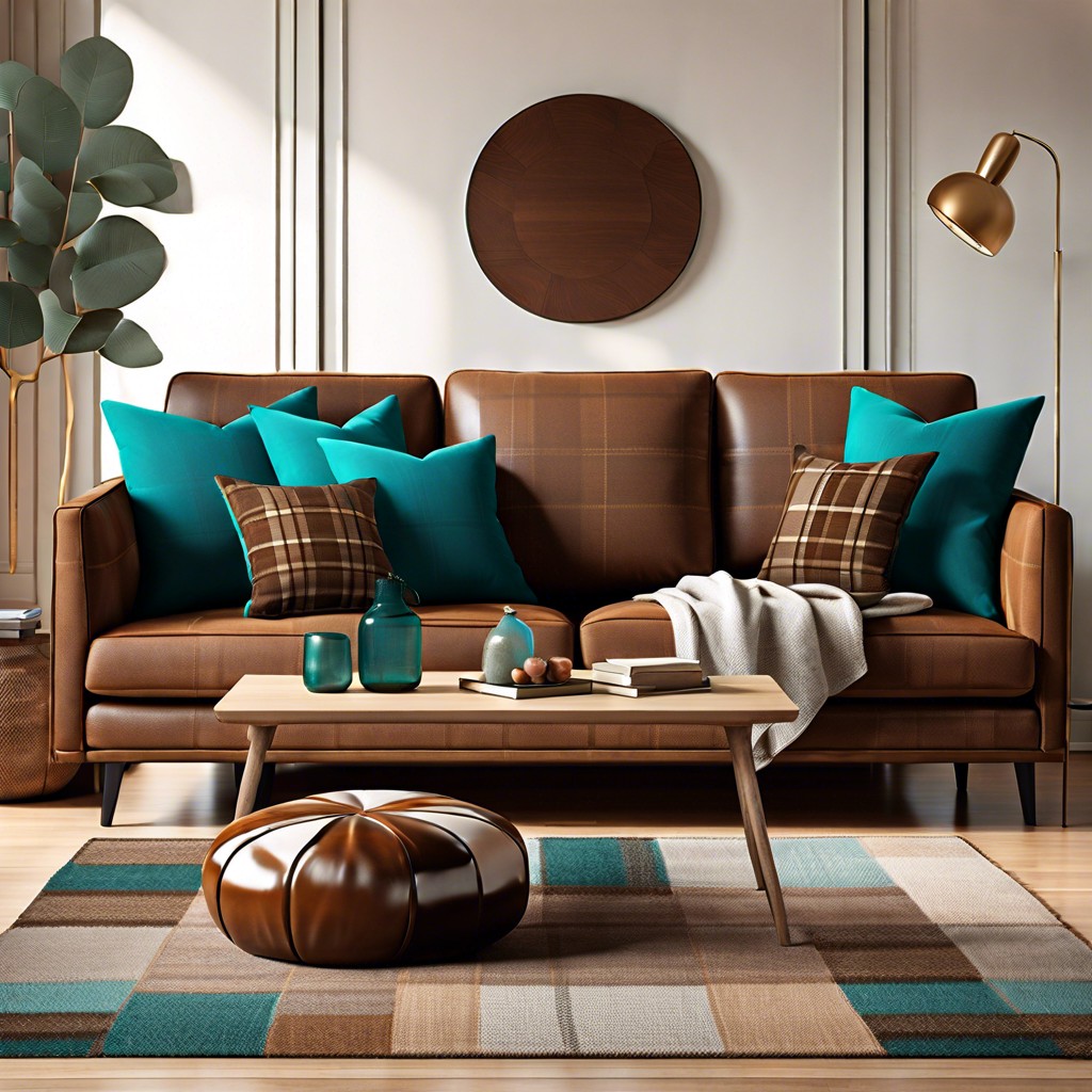 teal and brown plaid cushions