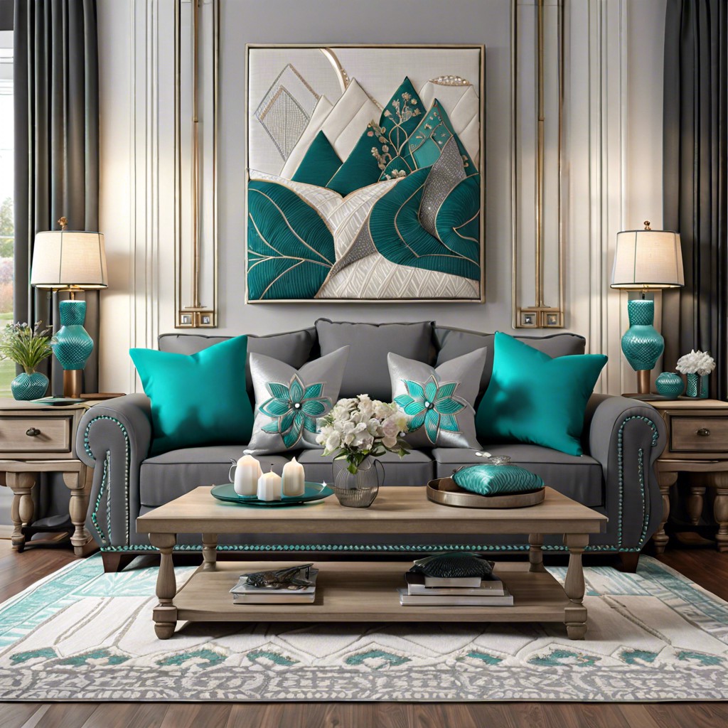 teal and silver embroidered pillows