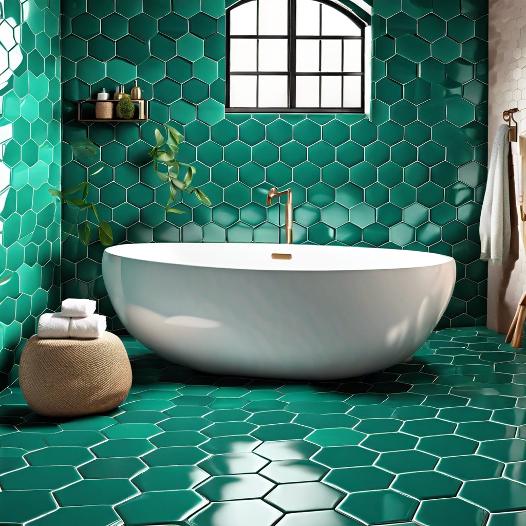 teal green hexagon floor tiles