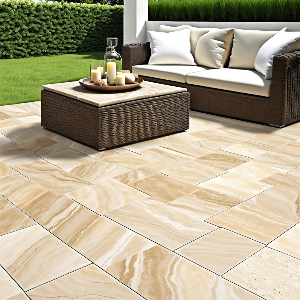 travertine tiles in a herringbone pattern