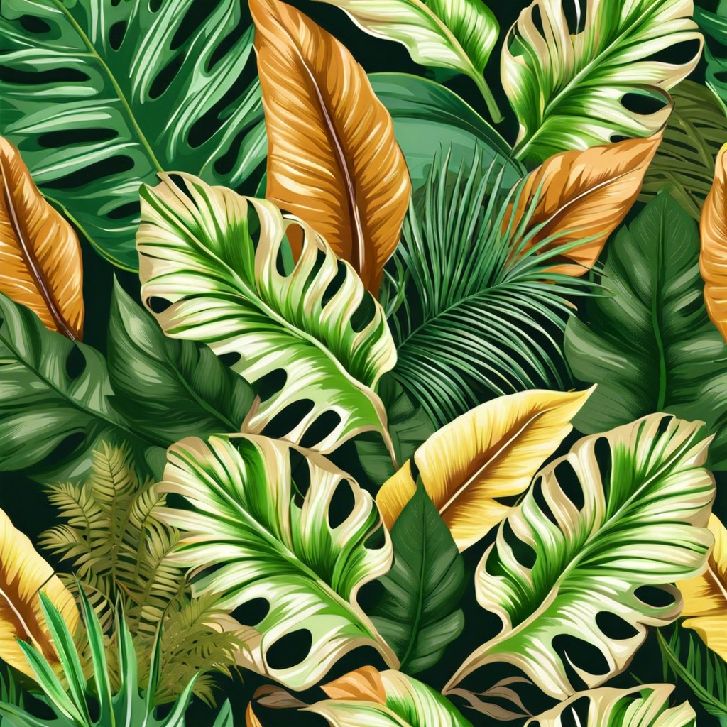 tropical foliage patterns in greens and earth tones