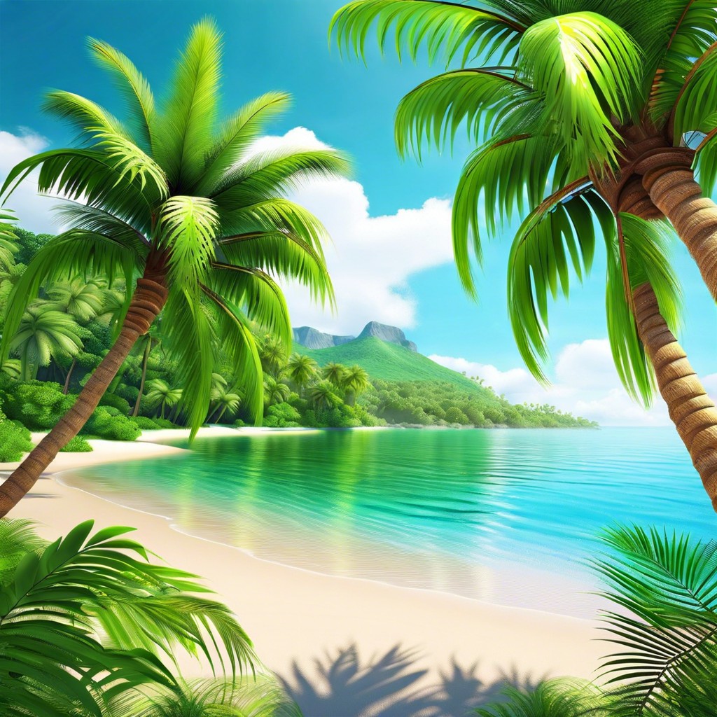 tropical paradise lush green palm trees swaying on a beach