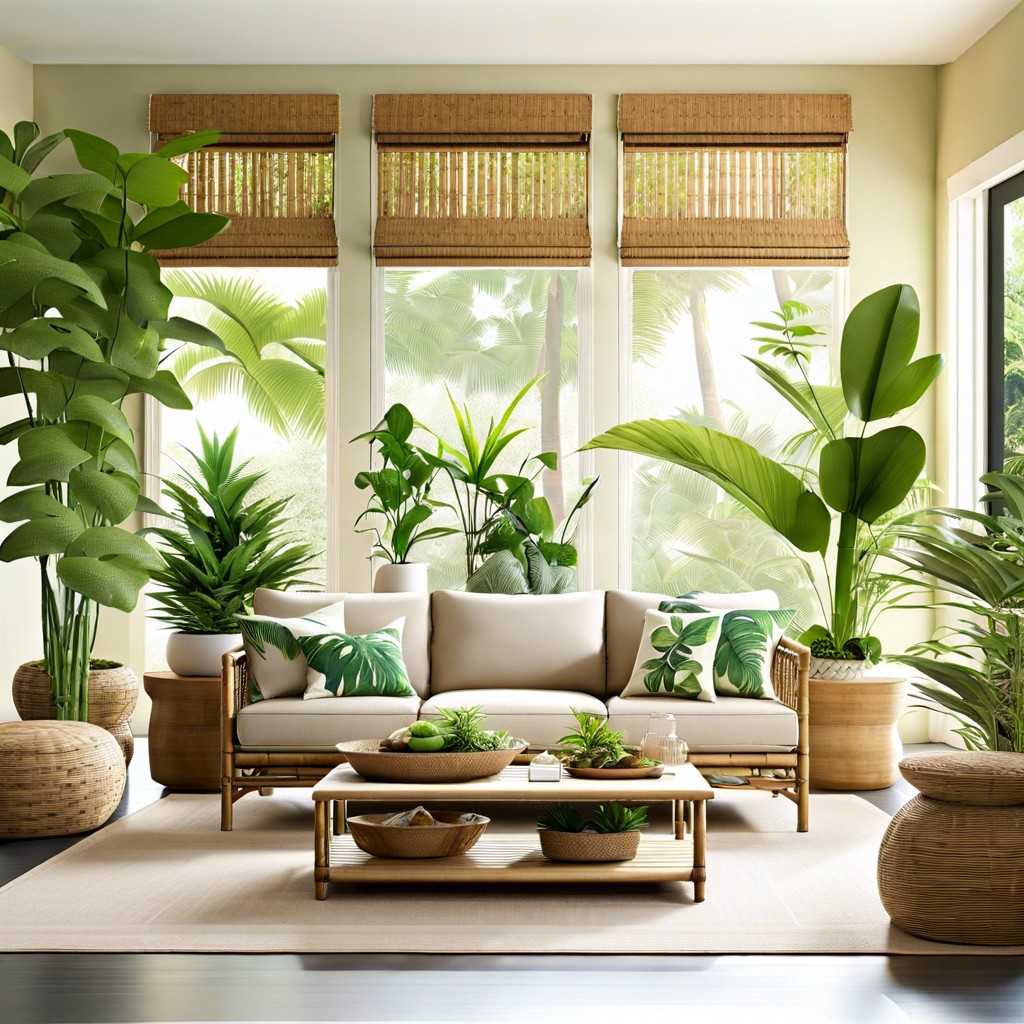 tropical paradise with green plants and bamboo shades