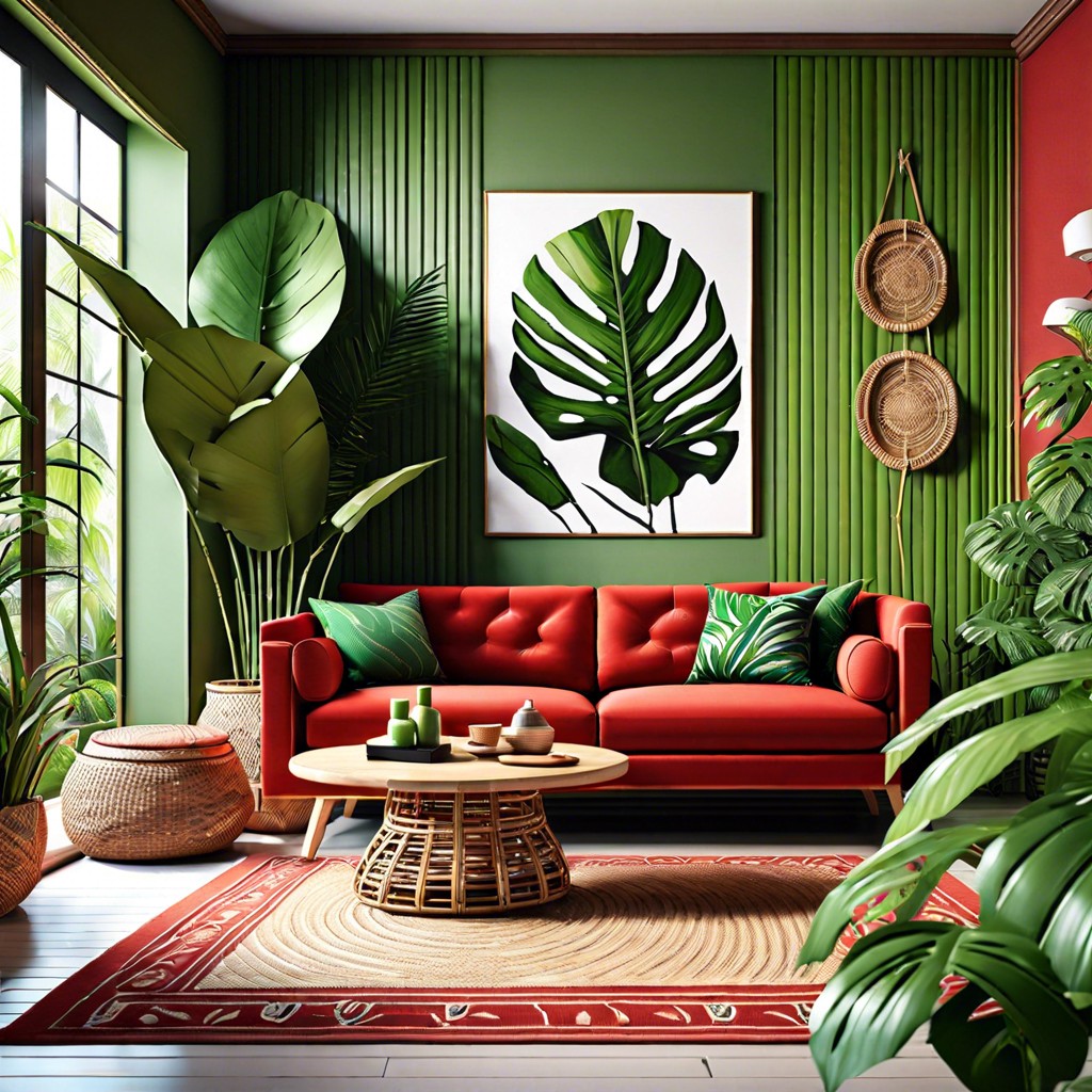 tropical retreat combine the red couch with lush green plants wicker accents and bamboo mats