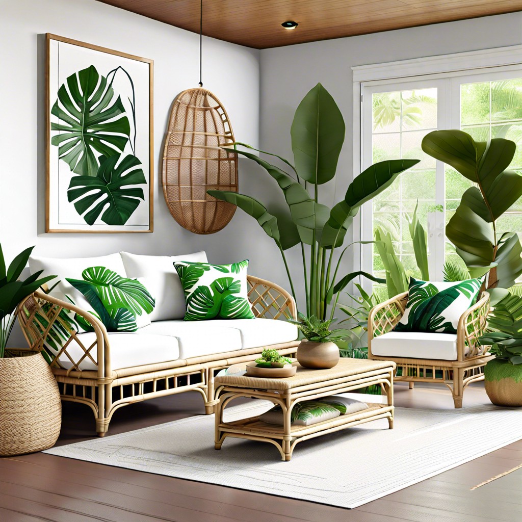 tropical retreat with a white rattan sofa lush green plants and bamboo accents