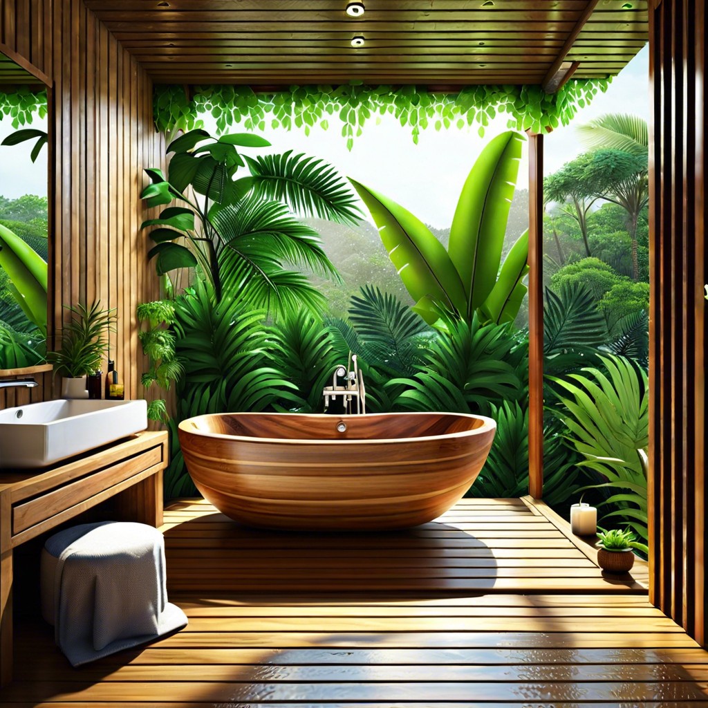 tropical vibe with a wooden bathtub within a lush plant surrounded rainfall shower