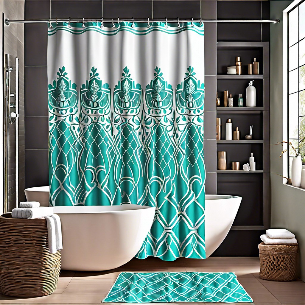 turquoise patterned shower curtain