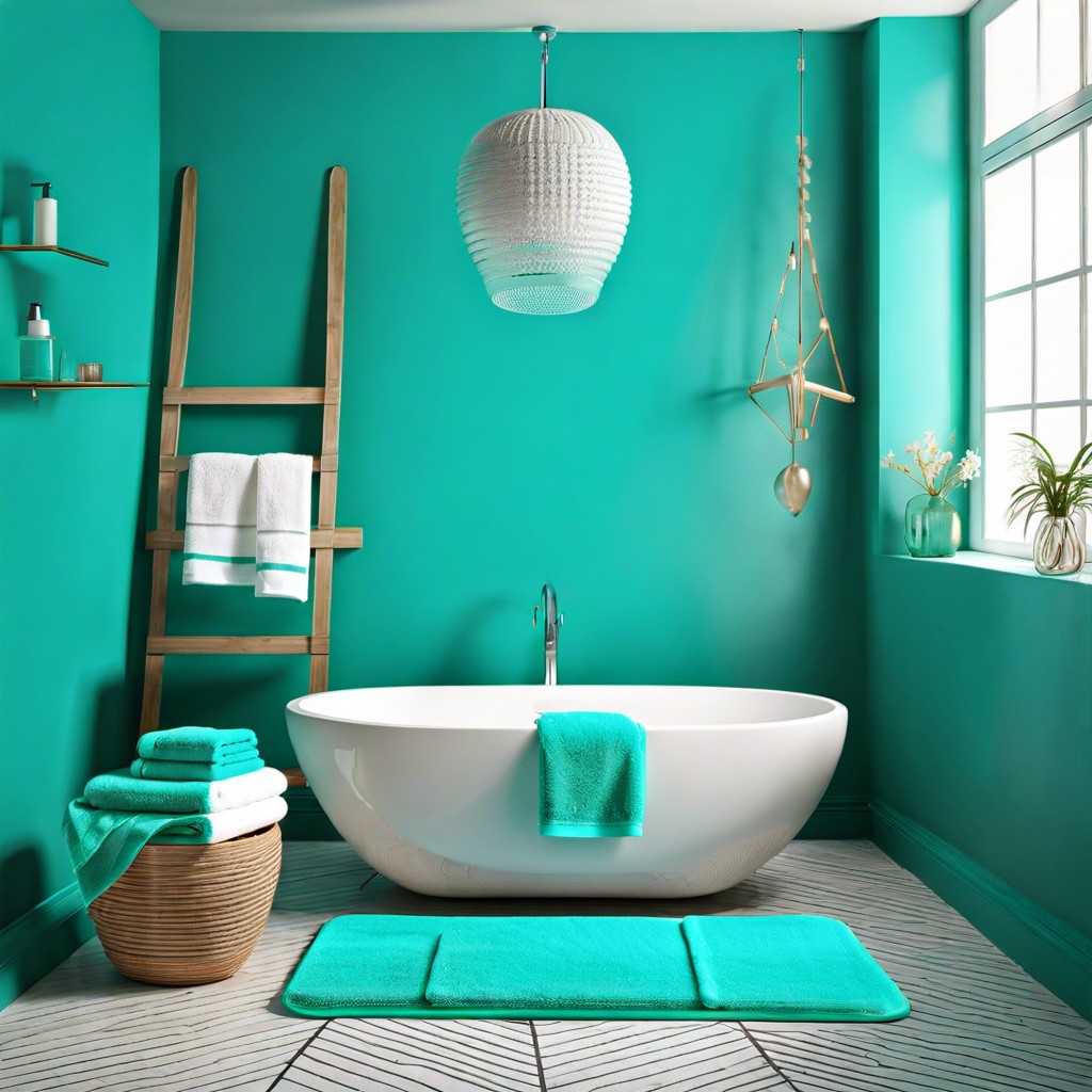 turquoise towels and bath mats