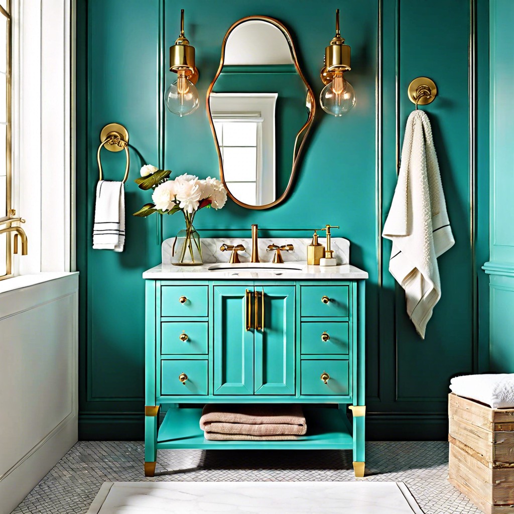 turquoise vanity with brass hardware