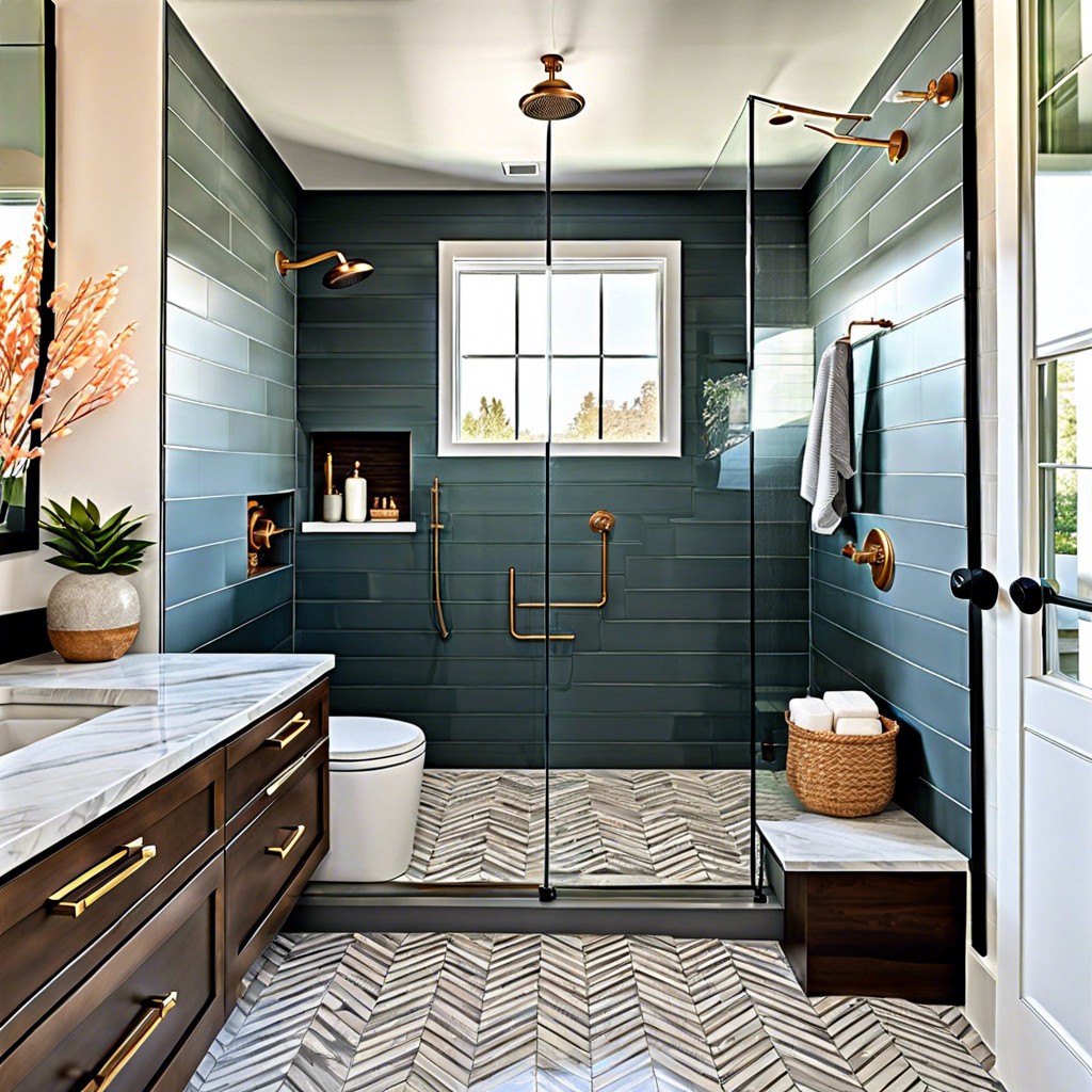 two toned chevron patterned tiles with dual shower heads