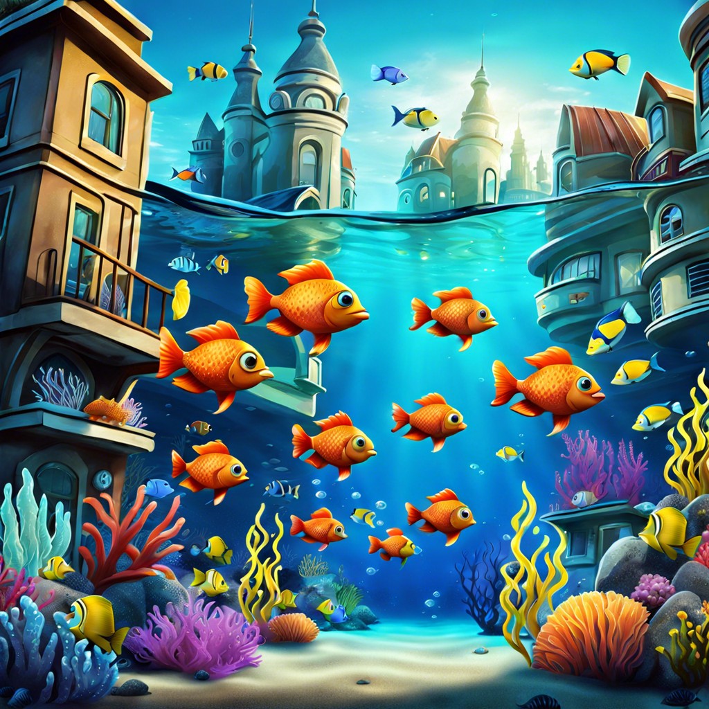 underwater city populated by cartoon fish