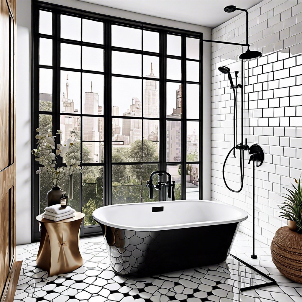 urban chic using a black freestanding tub within a large white tiled shower space