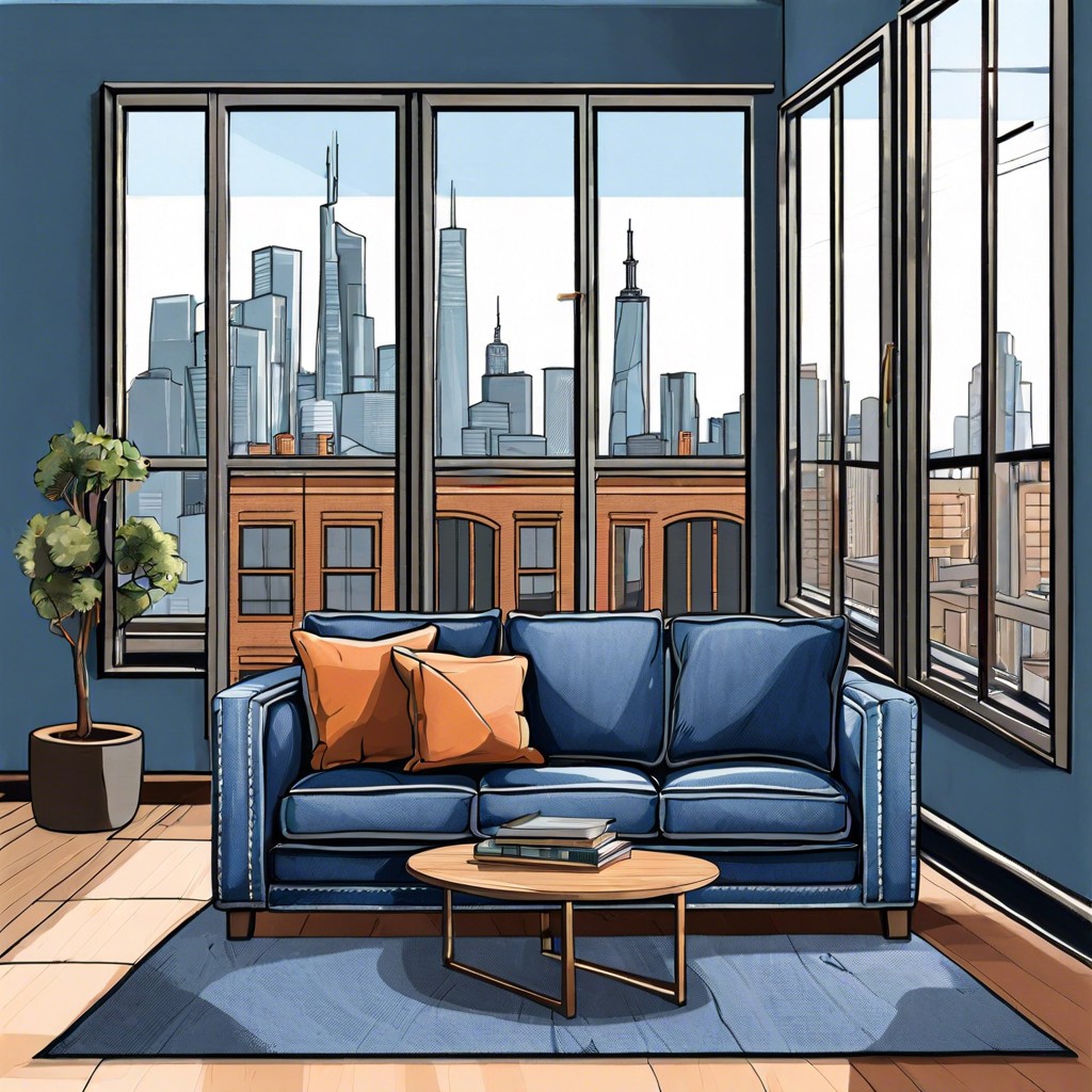 urban contemporary blend with exposed hvac ducts large windows and cityscape art