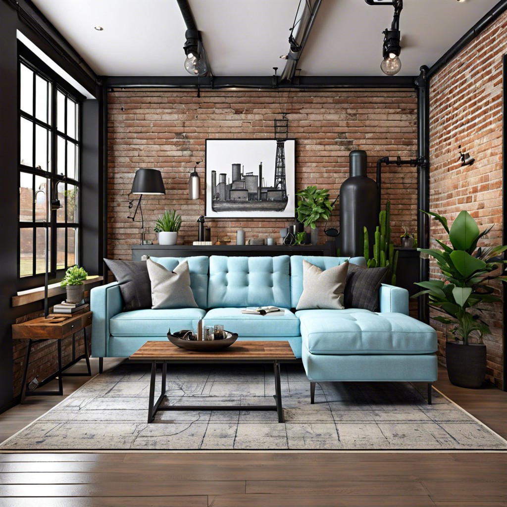 urban edge mix a light blue couch with industrial elements exposed brick and dark metals