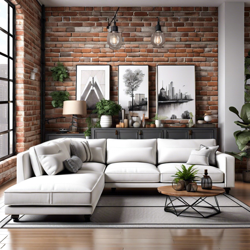urban industrial combining a white sectional with metal elements and exposed brick