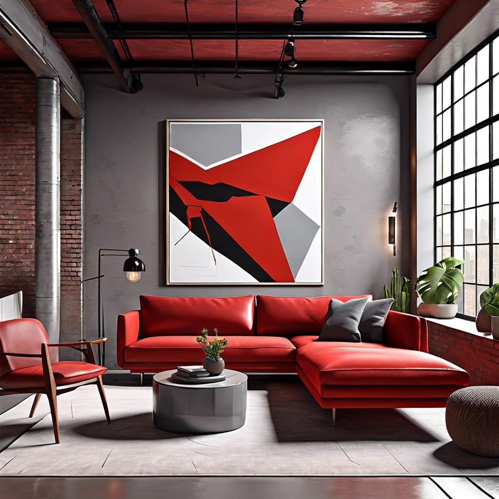 urban loft match the red couch with cool grays minimalist furniture and oversized abstract art