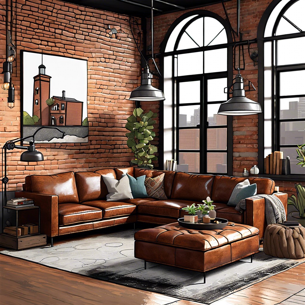 urban loft use a leather sectional to complement exposed brick walls industrial lamps and metal accents in a loft