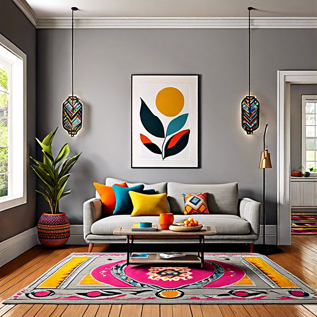 use a bright patterned rug to anchor the space
