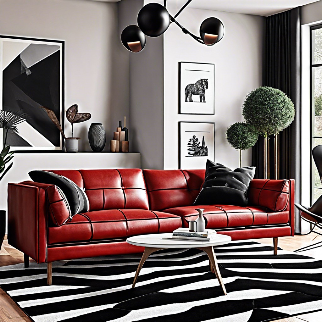 use a high contrast black and white rug under the sofa