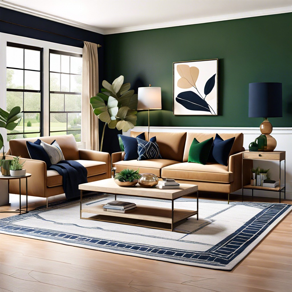use a mix of deep green and navy blue pillows to contrast with the tan