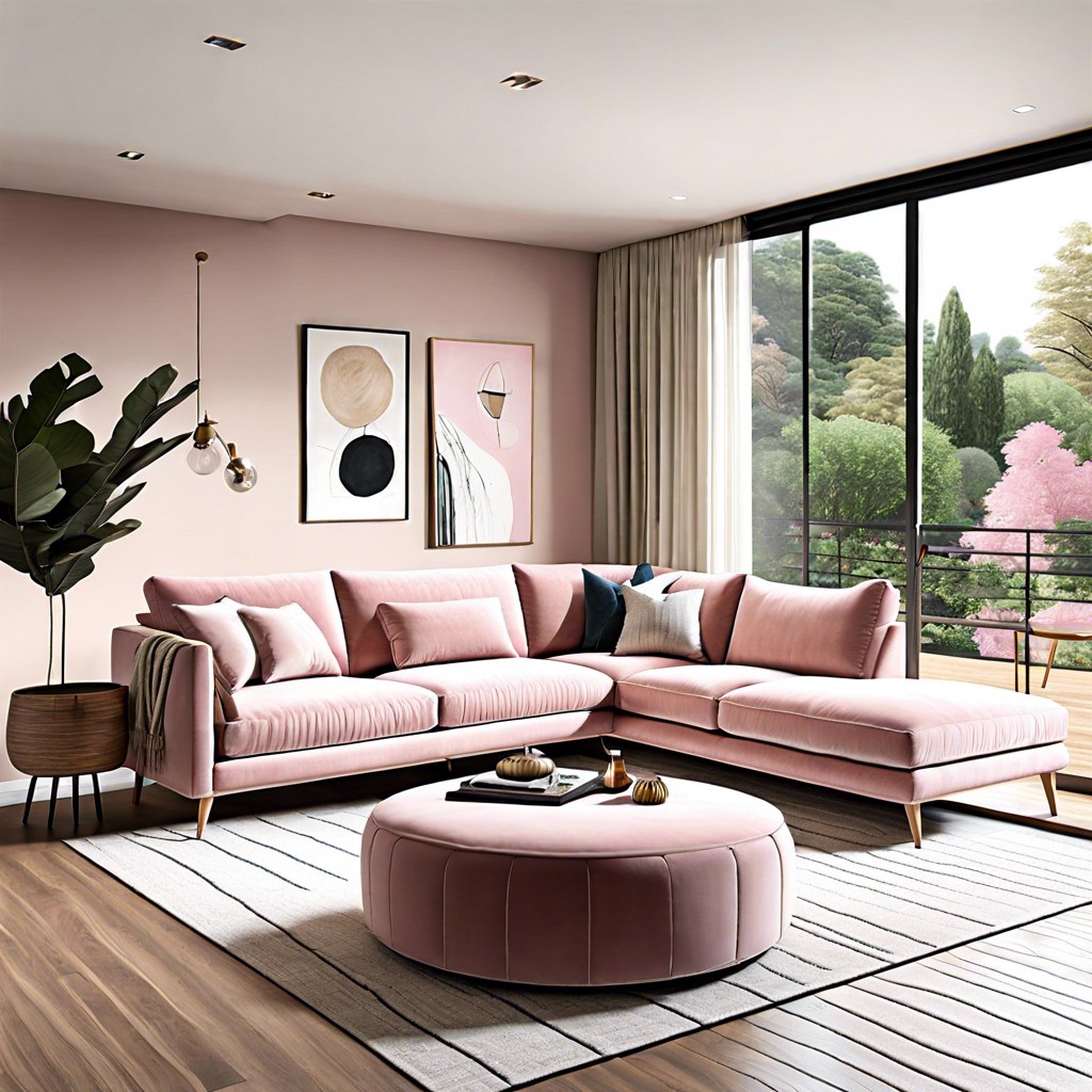 use a pink sectional to define an open space pairing it with neutral tones and natural wood