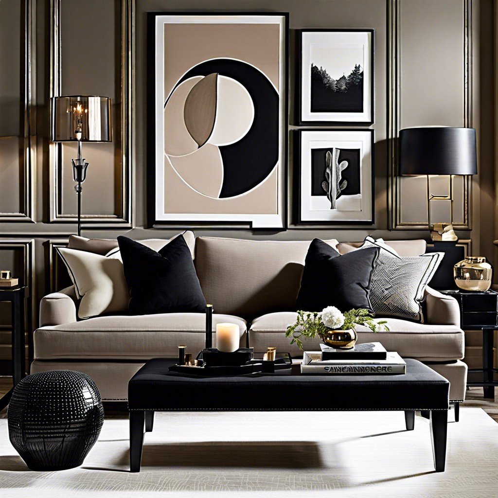 use black accents in lamps or picture frames for a bold contrast