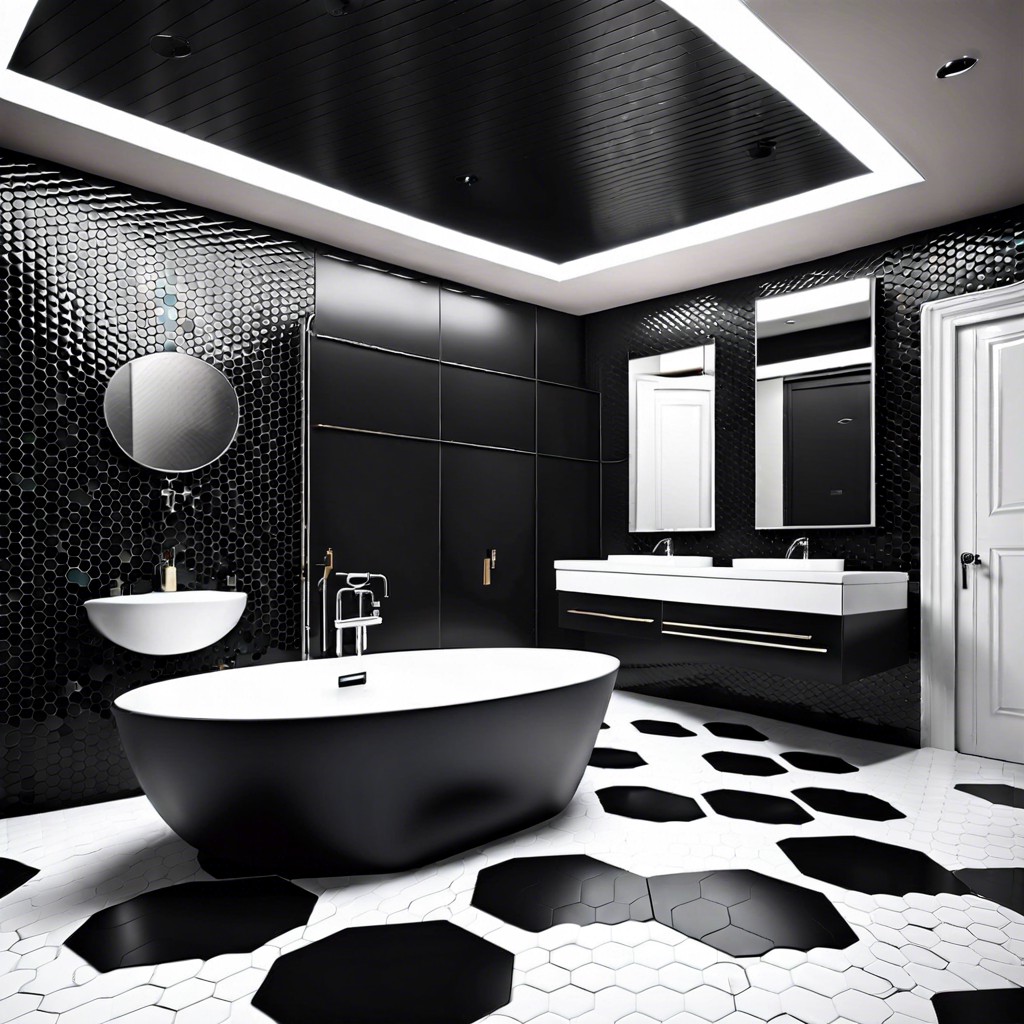 use black hex tiles on both floors and ceiling for dramatic effect