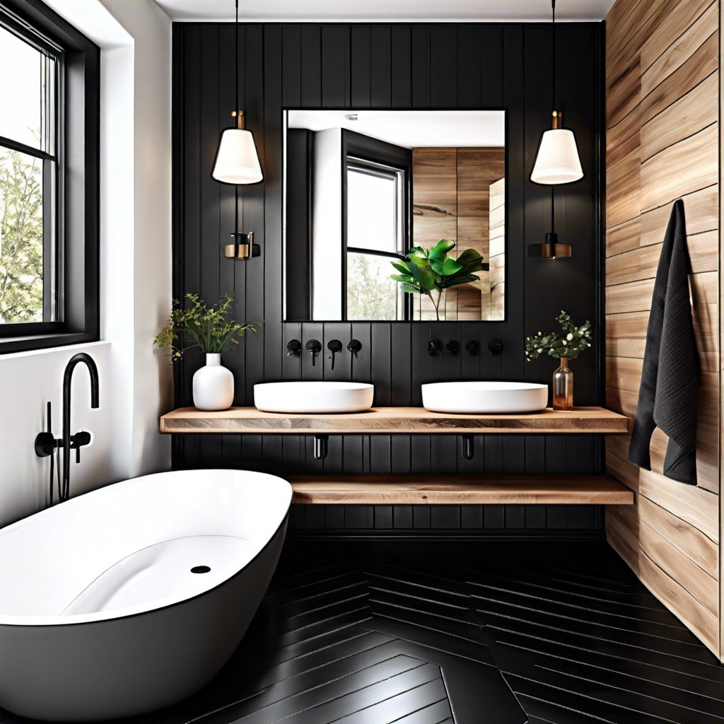 use black hex tiles on the floor and wood look tiles on walls