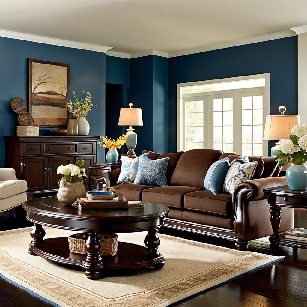 use colonial blue accents and dark wood furniture for an elegant touch