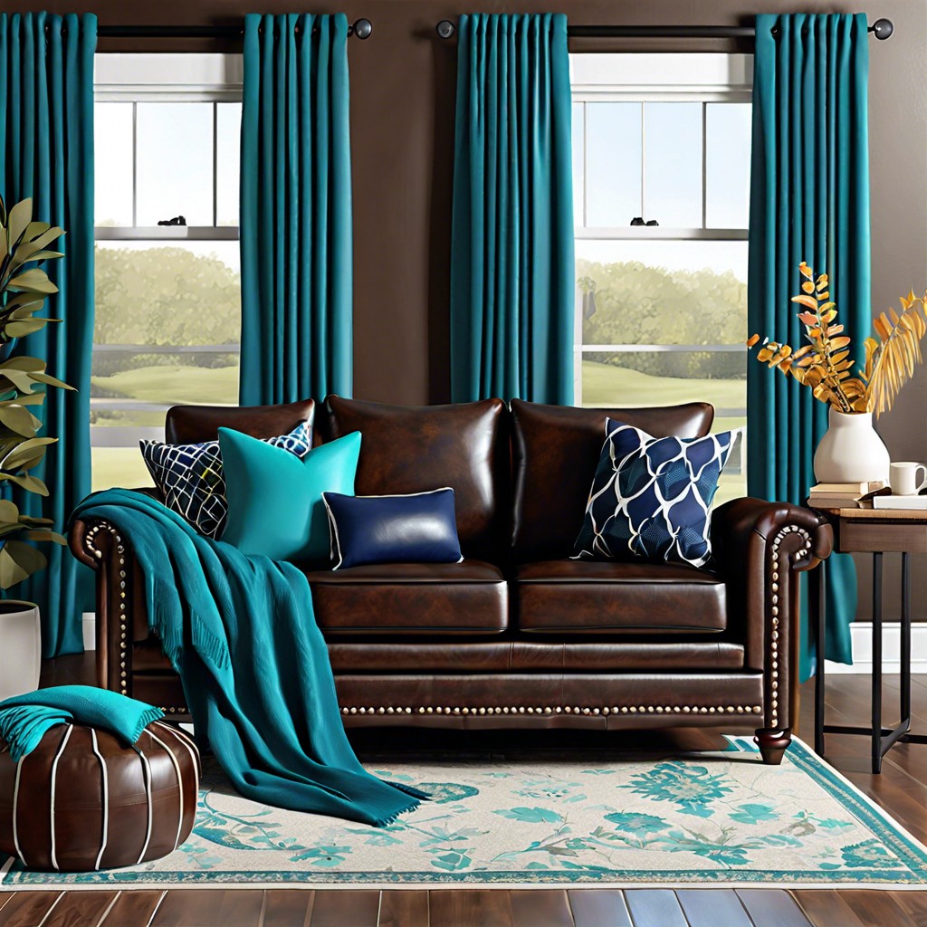 use teal or navy throw pillows and curtains to add a pop of color