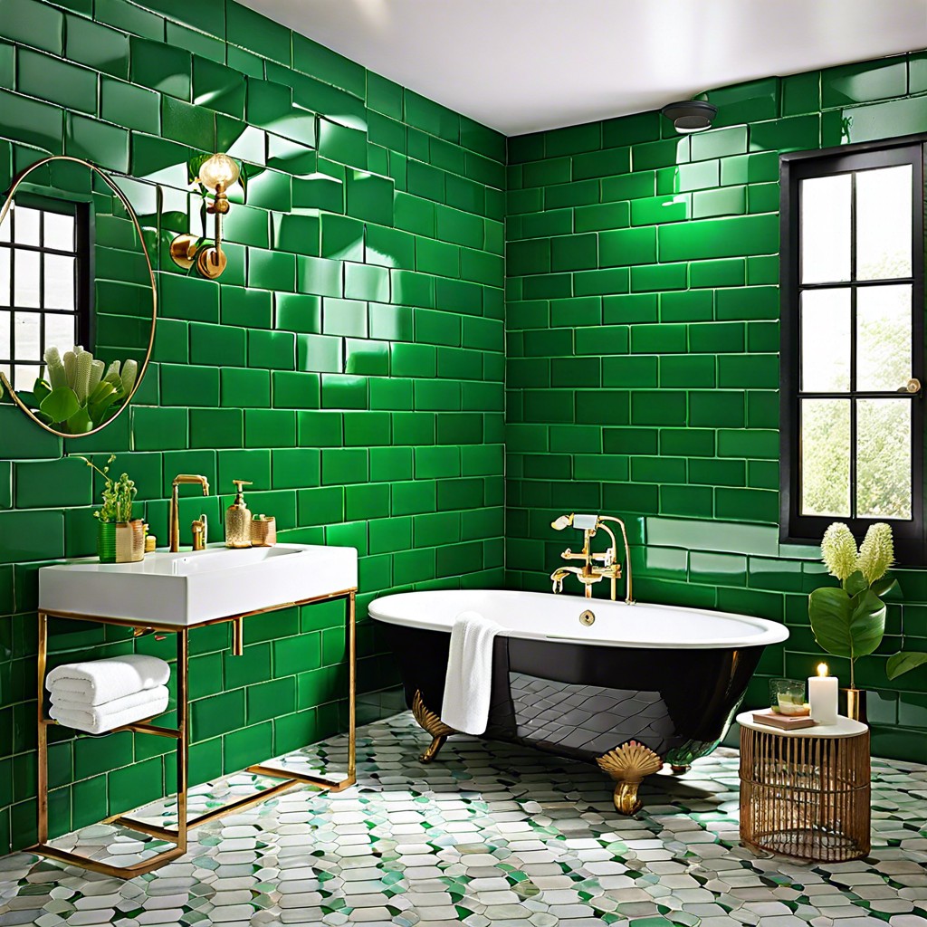 using subway tiles on one feature wall in a bold color like emerald green